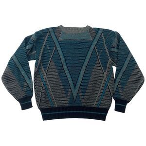 VTG Barnaby Teal Gray Geometric Pullover Knit Sweater L/S Grandpa Grunge Sz L